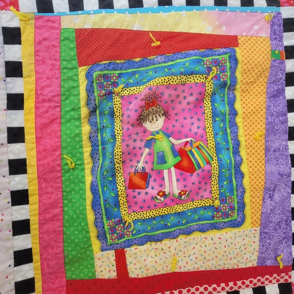 NeedleChasers Chevy Chase Handcrafted 39x42 Patchwork Quilt Rainbow Girl Cotton